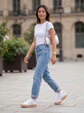 Sambae W Shoes – High-waisted straight-leg light wash jeans, a fitted white baby tee, and a metallic silver baguette bag to highlight the shoe's sparkly stripes.