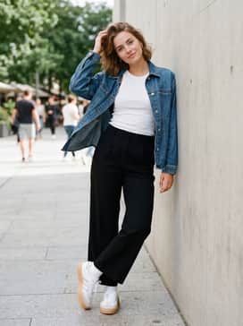 Black wide-leg trousers and a tucked-in ribbed tank top, layered with an unbuttoned oversized denim jacket for a balanced streetwear silhouette.