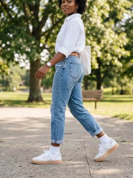 Sambae W Shoes – Cropped denim jeans, a crisp white button-down shirt, and layered silver jewelry to create a cohesive and polished everyday look.