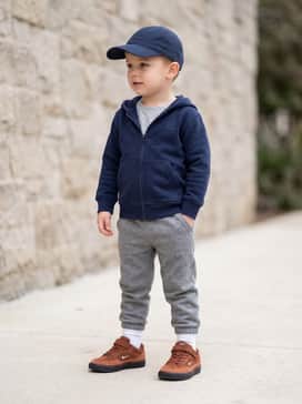 A comfortable school-ready ensemble with grey fleece joggers, a navy blue zip-up hoodie, and a matching baseball cap to keep things sporty and functional.