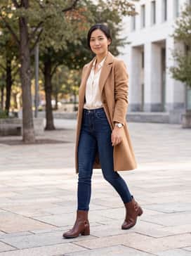 Sculpted Lx 35 – Dark wash skinny jeans tucked into the boots, paired with a cream silk blouse and a tailored camel wool coat for a timeless autumnal look.