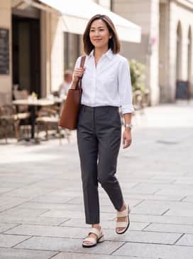 Sculpted Lx 35 – A crisp white button-down shirt tucked into charcoal grey ankle-length trousers, finished with a structured leather tote.