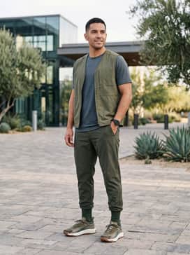 Seasons Voyage Nitro 3 – Tapered charcoal grey tech joggers worn with a crisp white performance hoodie and a black utility vest for a modern, athletic streetwear aesthetic.