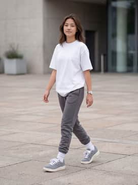 A monochromatic athleisure look featuring charcoal grey tech fleece joggers and a crisp white heavy-weight cotton t-shirt.