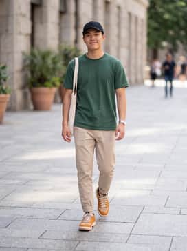 Earthy-toned slim-fit joggers in olive green paired with a cream-colored heavyweight graphic hoodie and a black beanie for a cozy, streetwear-inspired look.