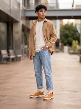 Session Se – Light-wash relaxed-fit denim jeans cuffed at the ankle, worn with a crisp white oversized tee and a vintage tan corduroy button-up shirt left open over it.