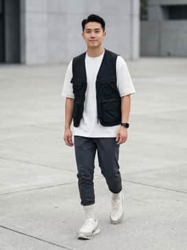 Sgendo Trail Shoes – A pair of tapered charcoal water-repellent joggers, a crisp white oversized graphic tee, and a modular black technical vest for a full techwear look.