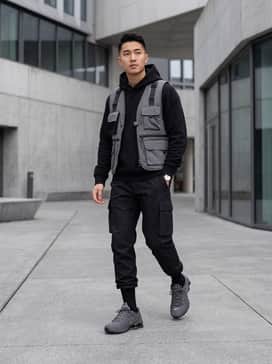 Shox Nz – Black technical cargo joggers paired with a grey tactical vest over a matte black hoodie for a full techwear aesthetic.