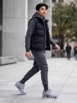 A charcoal grey tech fleece tracksuit with a black puffer vest for a sleek, monochromatic streetwear vibe.