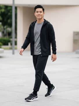 Skyrocket Lite 2 – Monochrome Sporty: Tapered black tech joggers paired with a grey heathered performance tee and a black zip-up hoodie for a cohesive, athletic-inspired look.