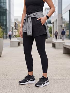 Skyrocket Lite 2 Womens Shoes – Navy blue moisture-wicking running shorts combined with a breathable white racerback top and a lightweight neon windbreaker for high-visibility outdoor training.