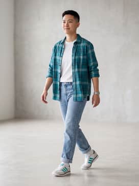 Pair with straight-leg light wash denim, a tucked-in white organic cotton tee, and an unbuttoned teal flannel shirt to mirror the shoe's accent color.