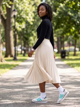 Combine with a pleated midi skirt in a neutral cream tone and a fitted black turtleneck for a chic, sporty-feminine ensemble suitable for a gallery visit.