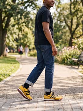 Sl72 Rs Jamaica X Bob Marley Shoes – Straight-leg indigo selvedge denim cuffed at the ankle, worn with a simple black pocket tee and a mustard-yellow beanie to harmonize with the shoe's primary palette.