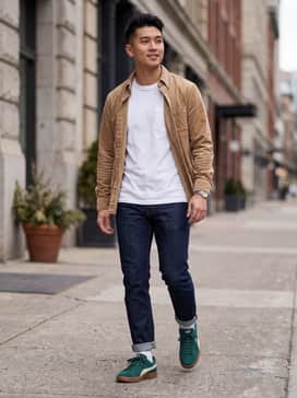 Smash 30 Mens Sneakers – Dark indigo slim-fit jeans paired with a crisp white pocket tee and an open tan corduroy button-down shirt.