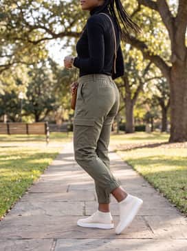 Soft 60 – Olive green cargo joggers styled with a slim-fit black turtleneck and a crossbody bag for a practical yet trendy travel ensemble.