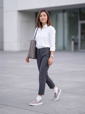 Soft 60 – Navy blue ankle-length trousers with a tucked-in crisp white button-down shirt and a structured grey tote bag for a polished work-ready look.