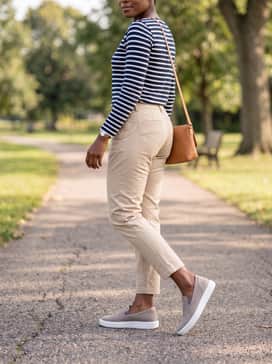 Beige tapered chinos worn with a classic navy-and-white striped Breton top and a tan leather crossbody bag for a timeless maritime aesthetic.