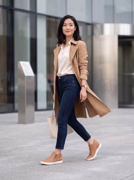 Style with dark-wash skinny jeans, a tucked-in cream silk blouse, and a tan trench coat for a sophisticated weekend look.