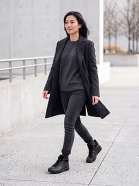 Soft 7 Tred – Black skinny jeans paired with a charcoal grey oversized cashmere sweater and a tailored charcoal wool coat for a sophisticated winter look.