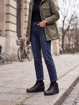Soft 7 Tred – Dark-wash straight-leg denim with a fitted black turtleneck and an olive green utility jacket for a rugged yet chic aesthetic.