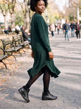 Soft 7 Tred – A knit midi sweater dress in deep forest green worn with opaque black tights to create a cozy and streamlined feminine silhouette.