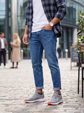 Classic light-wash tapered jeans rolled at the cuff to show off the shoe's profile, worn with a simple white crewneck t-shirt and an unbuttoned navy flannel shirt.