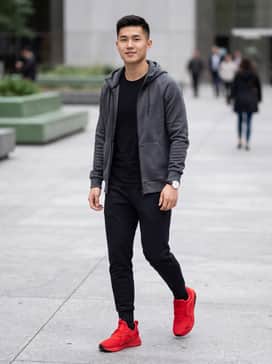 A pair of black tapered athletic joggers and a charcoal grey zip-up hoodie for a sleek workout-ready ensemble.