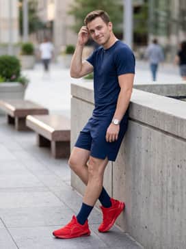 Navy blue training shorts and a matching navy performance tee to create a sharp contrast with the red footwear.