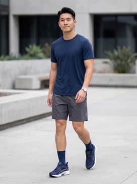 A performance running outfit featuring charcoal grey moisture-wicking shorts and a breathable navy technical tee to match the primary shoe color.