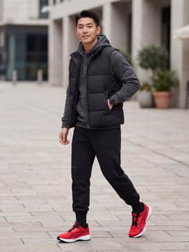 Softride Exo – A pair of tapered black joggers paired with a fitted grey marl hoodie and a black puffer vest for a sleek, monochromatic athleisure look that lets the red shoes pop.
