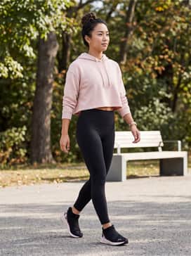 Softride Harli Floral Womens Slipon Sneakers – Pair with high-waisted black leggings and a matching pale pink cropped hoodie for a coordinated, sporty athleisure look.