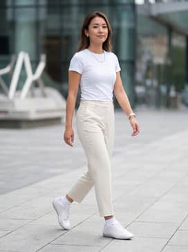 Speedcat Anodized Womens Sneakers – High-waisted wide-leg trousers in a neutral cream, paired with a fitted white baby tee and silver jewelry to complement the shoe's metallic sheen.