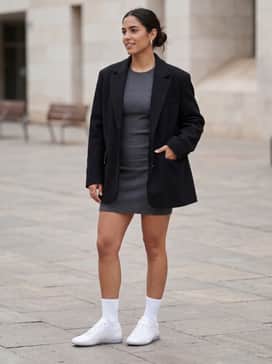 Speedcat Anodized Womens Sneakers – A black oversized blazer worn over a charcoal grey rib-knit mini dress, finished with white crew socks for a sophisticated yet sporty 'clean girl' aesthetic.