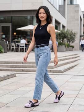 Pair these shoes with high-waisted light wash straight-leg jeans, a cropped black ribbed tank top, and a delicate silver necklace for a clean, everyday look.