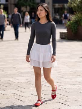 A white tiered mini skirt paired with a fitted grey bodysuit and dainty silver jewelry for a modern, feminine ballet-inspired aesthetic.