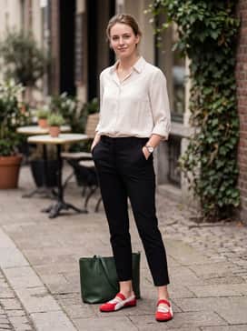 Tailored black ankle-length trousers and a cream silk button-down blouse for a polished, smart-casual ensemble suitable for creative workspaces.