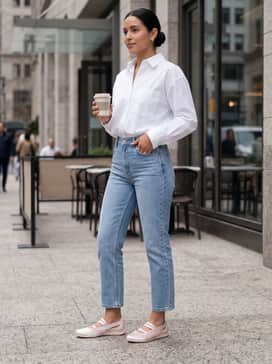 Speedcat Ballet Venus Womens Sneakers – High-waisted light-wash straight-leg jeans with a crisp white oversized button-down shirt tucked in, finished with minimalist silver jewelry for a clean, casual vibe.