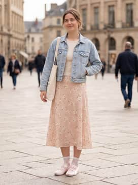 Speedcat Ballet Venus Womens Sneakers – A floral mini dress in soft spring tones layered with a cropped denim jacket and sheer white lace socks to lean into the feminine, dainty aesthetic.