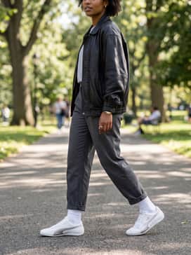 A midi slip dress layered under a vintage oversized leather bomber jacket for a trendy high-low fashion mix.