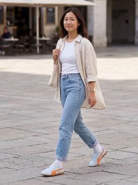 Speedcat Og – Pair these sneakers with high-waisted straight-leg light wash jeans, a tucked-in cropped white tank top, and an oversized unbuttoned linen shirt in a neutral cream tone for a relaxed weekend look.