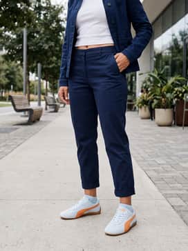 Combine with a mid-length black slip skirt and a fitted baby tee in a matching pale blue to create a feminine yet sporty ensemble that balances the low-profile silhouette.