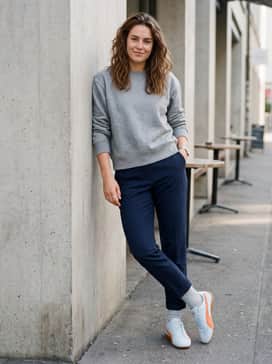 Wear with navy blue tailored trousers and a simple grey sweatshirt, letting the bright orange formstrip pop as a statement piece in a more subdued, smart-casual outfit.