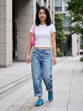 A cropped white baby tee paired with low-rise baggy light-wash jeans and a pink shoulder bag to lean into the Y2K aesthetic.