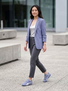 Slim-fit charcoal grey cigarette trousers paired with a tucked-in silver metallic camisole and a structured periwinkle blazer for a sophisticated tonal look.