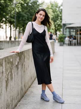 A black mini slip dress layered over a white mesh long-sleeve top, accessorized with silver chain jewelry and a sleek baguette bag.