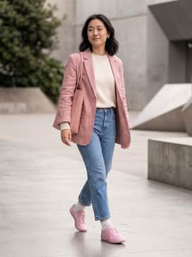 A Y2K-inspired ensemble featuring low-rise flare jeans, a baby blue graphic crop top, and a small pink baguette bag to match the shoes.