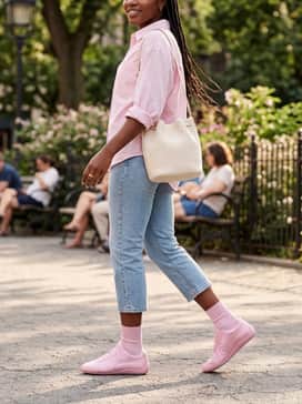 Speedcat Venus Womens Sneakers – A clean girl aesthetic pairing white wide-leg linen trousers with a pastel pink oversized button-down shirt left open over a white bralette.