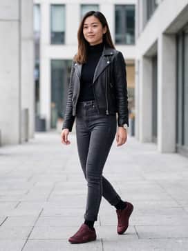 Pair with high-waisted charcoal skinny jeans, a black ribbed turtleneck, and a structured leather moto jacket for a sharp, urban look.
