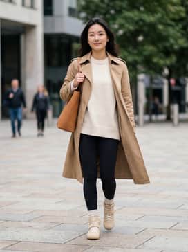 High-waisted black leggings paired with a cream-colored oversized knit sweater and a tan trench coat for a sophisticated yet comfortable urban look.